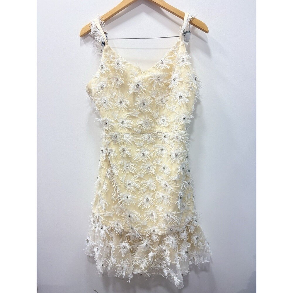 Dee Elly Ivory 3D Floral Fringe Rhinestone Mini Dress Bridal Wedding Party Women